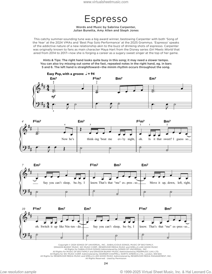 Espresso, (beginner) sheet music for piano solo by Sabrina Carpenter, Amy Allen, Julian Bunetta and Stephenie Jones, beginner skill level