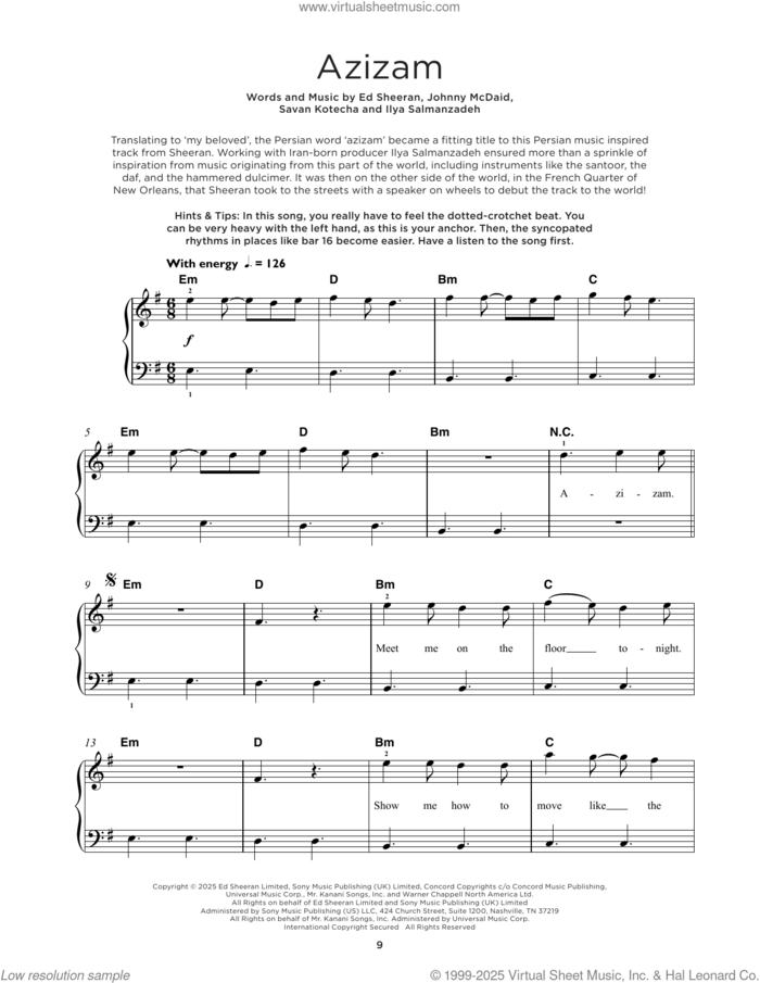 Azizam, (beginner) sheet music for piano solo by Ed Sheeran, Ilya Salmanzadeh, Johnny McDaid and Savan Kotecha, beginner skill level