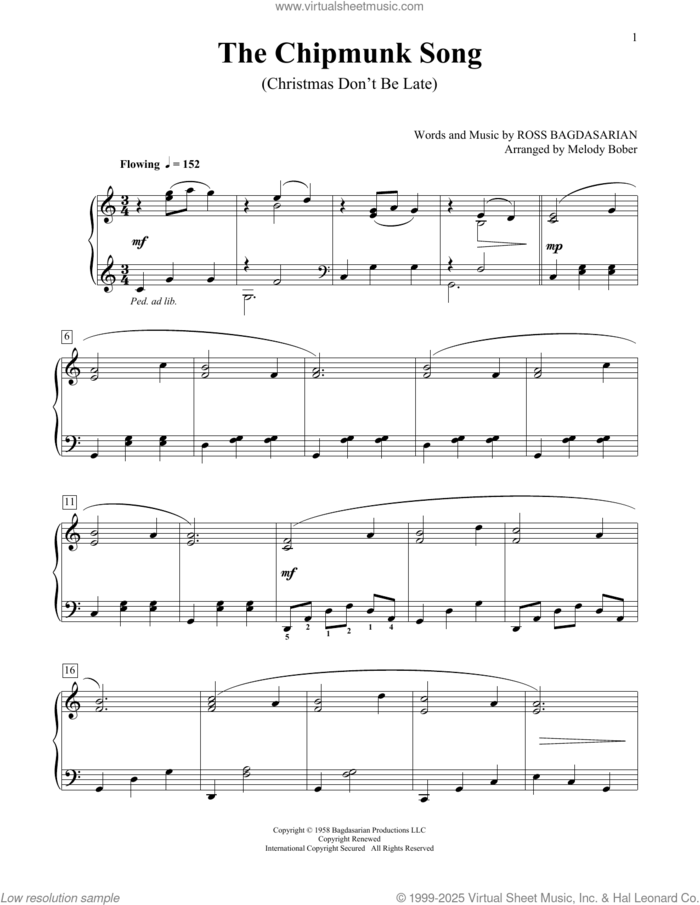 The Chipmunk Song sheet music for piano solo (elementary) by Alvin And The Chipmunks and Ross Bagdasarian, beginner piano (elementary)