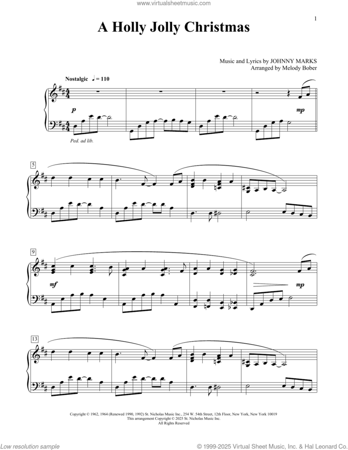 A Holly Jolly Christmas sheet music for piano solo (elementary) by Burl Ives and Johnny Marks, beginner piano (elementary)