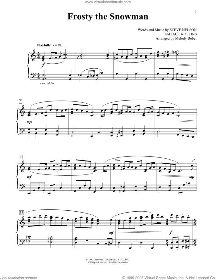 Frosty The Snowman sheet music for piano solo (elementary) by Steve Nelson and Jack Rollins, beginner piano (elementary)