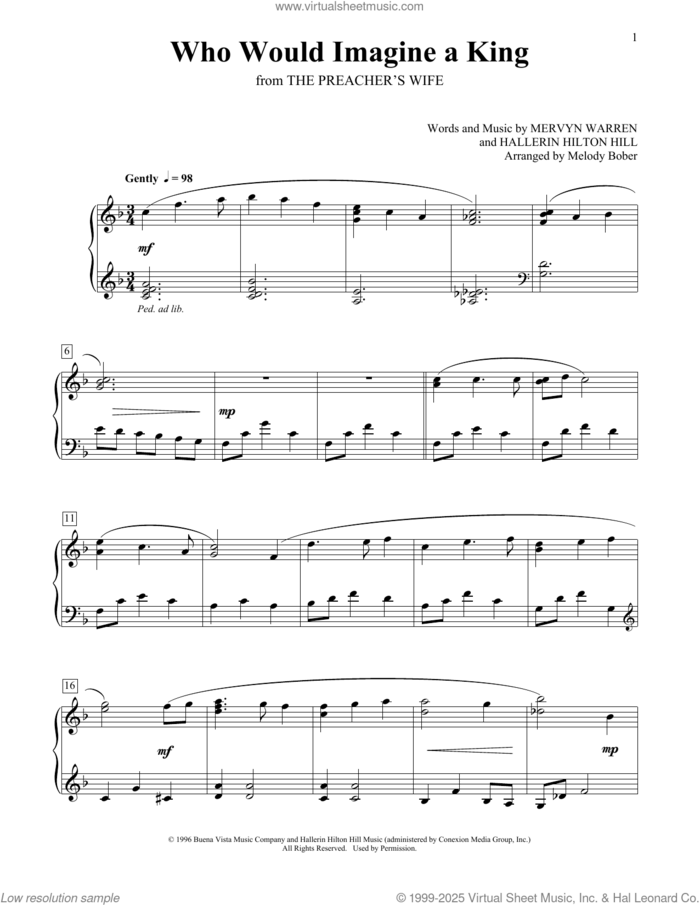 Who Would Imagine A King sheet music for piano solo (elementary) by Whitney Houston, Hallerin Hilton Hill and Mervyn Warren, beginner piano (elementary)