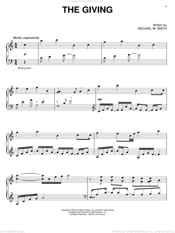 The Giving sheet music for piano solo by Michael W. Smith, intermediate skill level