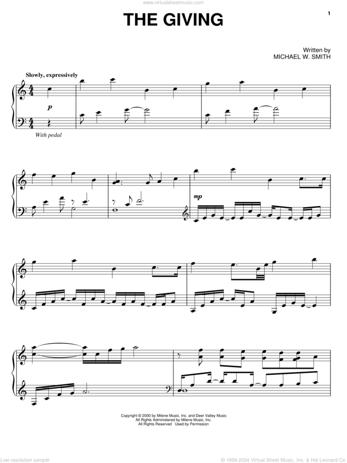 The Giving sheet music for piano solo by Michael W. Smith, intermediate skill level