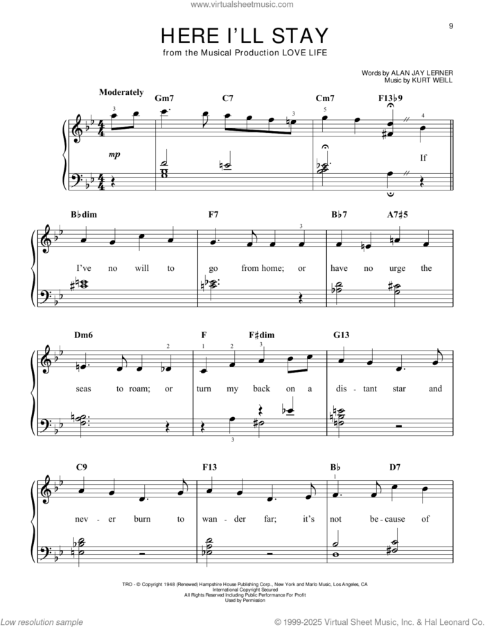 Here I'll Stay sheet music for piano solo by Kurt Weill and Alan Jay Lerner, easy skill level