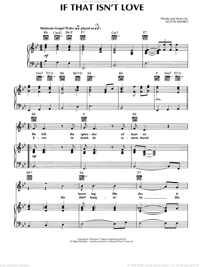 If That Isn't Love sheet music for voice, piano or guitar by Elvis Presley and Dottie Rambo, intermediate skill level