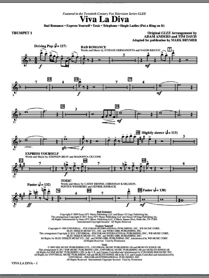 Viva La Diva! (Medley featuring Songs from Glee) (complete set of parts) sheet music for orchestra/band by Mark Brymer, Adam Anders, Glee Cast, Miscellaneous and Tim Davis, intermediate skill level