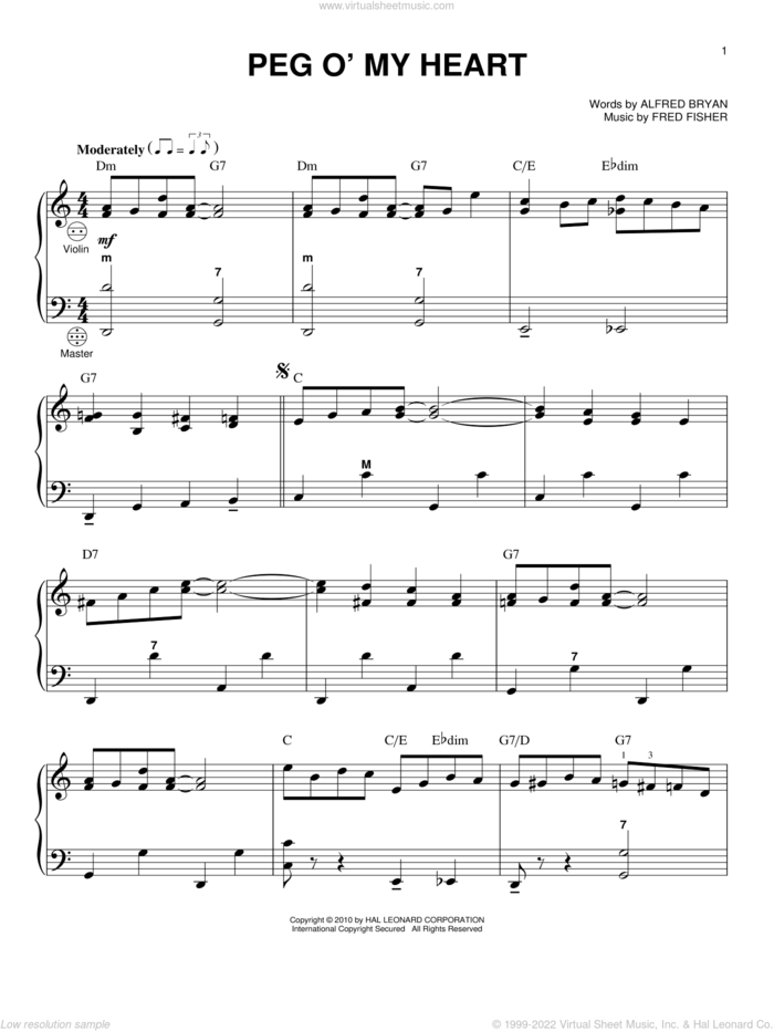 Peg O' My Heart sheet music for accordion by Fred Fisher and Alfred Bryan, intermediate skill level