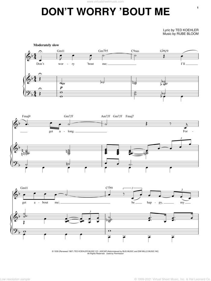 Don't Worry 'Bout Me sheet music for voice and piano by Frank Sinatra, Rube Bloom and Ted Koehler, intermediate skill level
