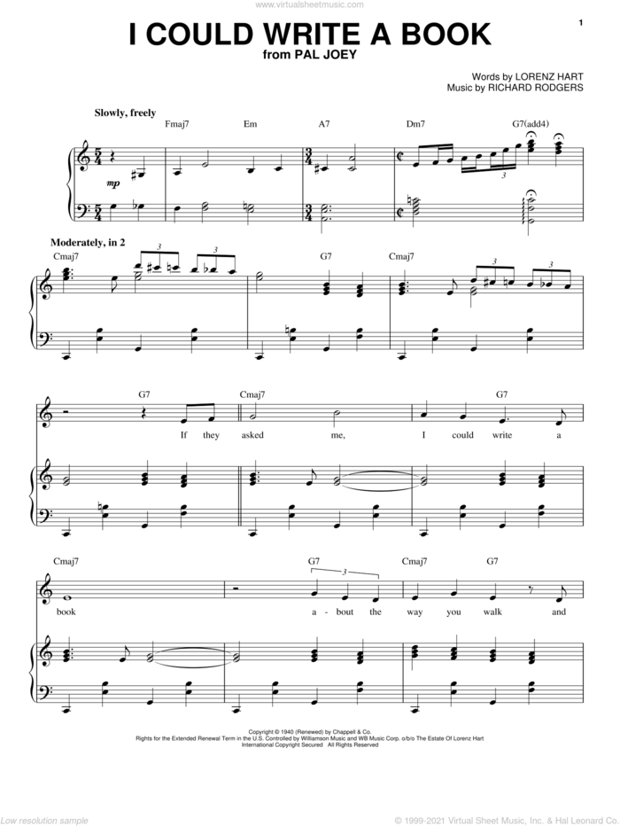 I Could Write A Book sheet music for voice and piano by Frank Sinatra, Pal Joey (Musical), Rodgers & Hart, Lorenz Hart and Richard Rodgers, intermediate skill level