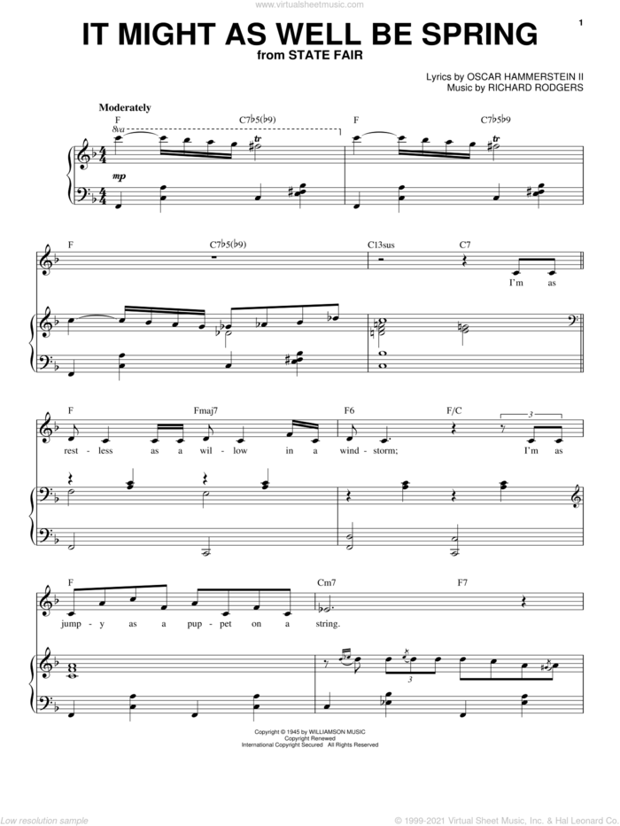 It Might As Well Be Spring sheet music for voice and piano by Frank Sinatra, Rodgers & Hammerstein, State Fair (Musical), Oscar II Hammerstein and Richard Rodgers, intermediate skill level