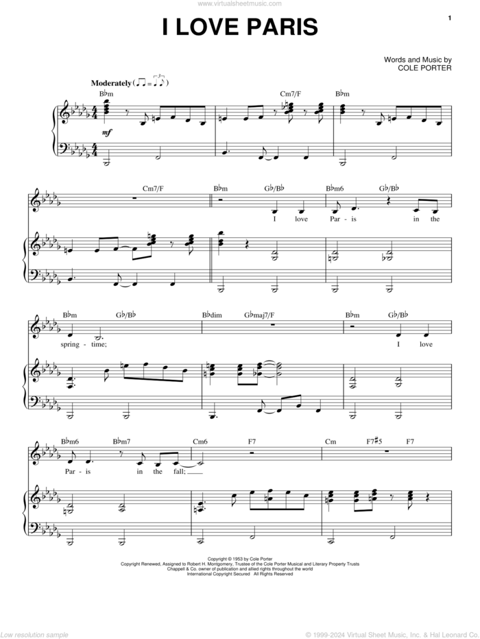 I Love Paris sheet music for voice and piano by Frank Sinatra and Cole Porter, intermediate skill level