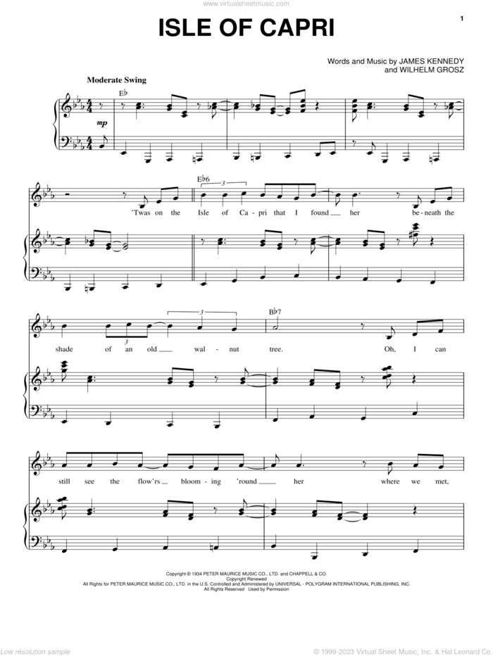 Isle Of Capri sheet music for voice and piano by Frank Sinatra, James Kennedy and Will Grosz, intermediate skill level
