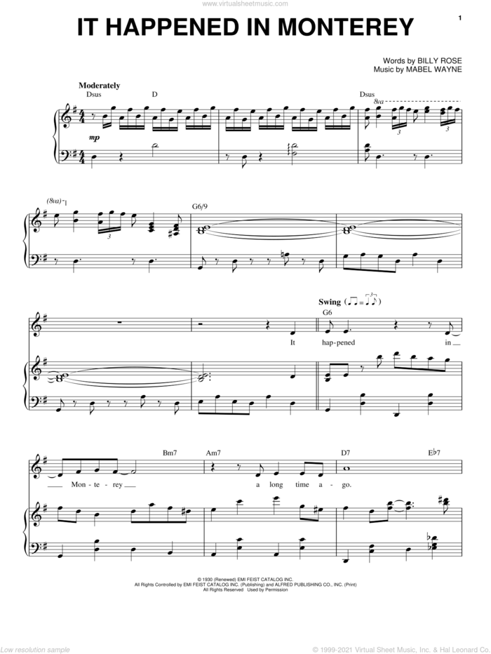 It Happened In Monterey sheet music for voice and piano by Frank Sinatra, Billy Rose and Mabel Wayne, intermediate skill level