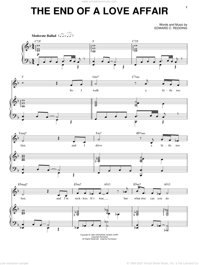 The End Of A Love Affair sheet music for voice and piano by Frank Sinatra and Edward Redding, intermediate skill level