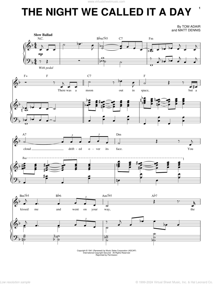 The Night We Called It A Day sheet music for voice and piano by Frank Sinatra, Matt Dennis and Tom Adair, intermediate skill level