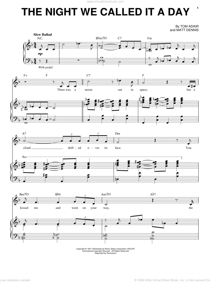 The Night We Called It A Day sheet music for voice and piano by Frank Sinatra, Matt Dennis and Tom Adair, intermediate skill level