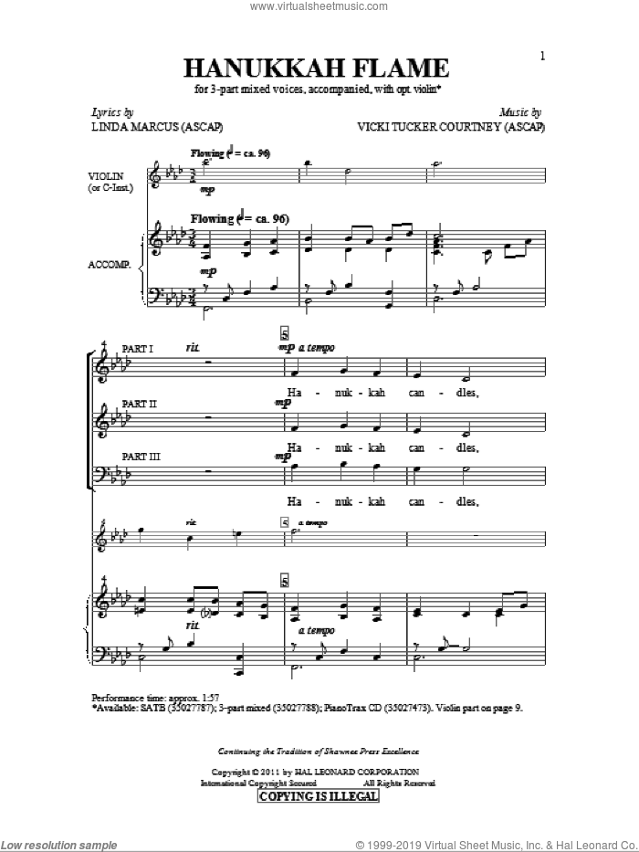 Hanukkah Flame sheet music for choir (3-Part Mixed) by Vicki Tucker Courtney and Linda Marcus, intermediate skill level