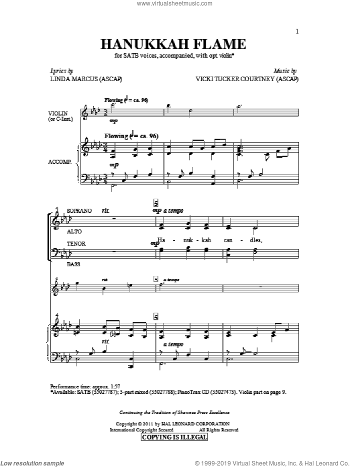 Hanukkah Flame sheet music for choir (SATB: soprano, alto, tenor, bass) by Vicki Tucker Courtney and Linda Marcus, intermediate skill level