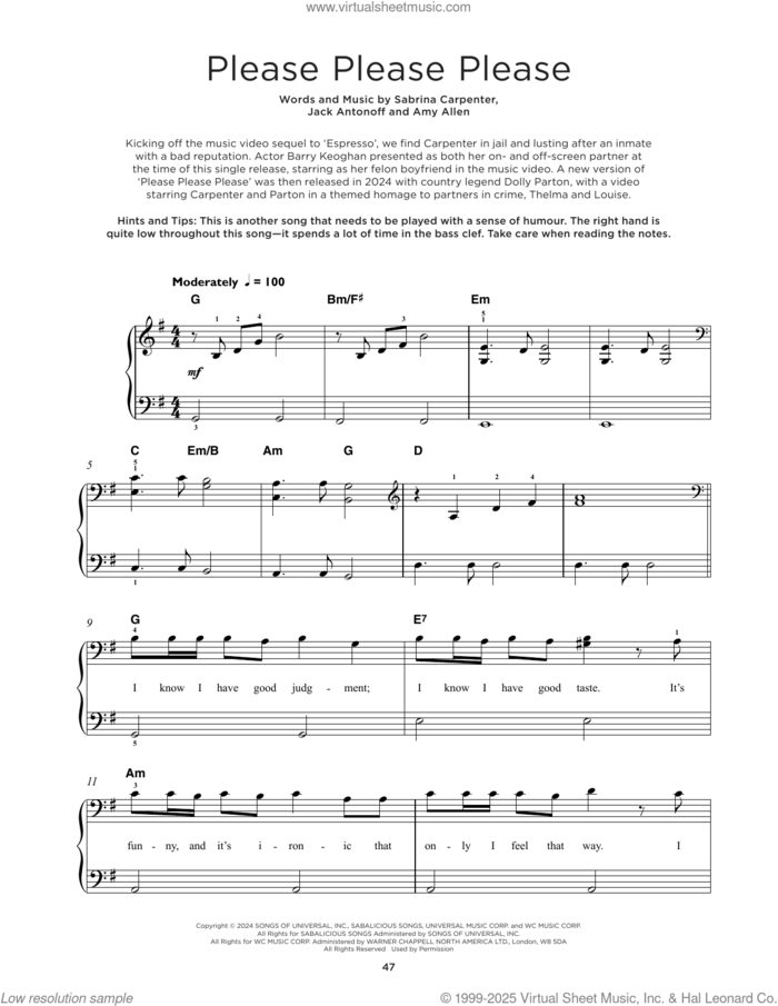Please Please Please, (beginner) sheet music for piano solo by Sabrina Carpenter, Amy Allen and Jack Antonoff, beginner skill level