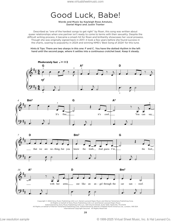 Good Luck, Babe!, (beginner) sheet music for piano solo by Chappell Roan, Daniel Nigro, Justin Tranter and Kayleigh Rose Amstutz, beginner skill level