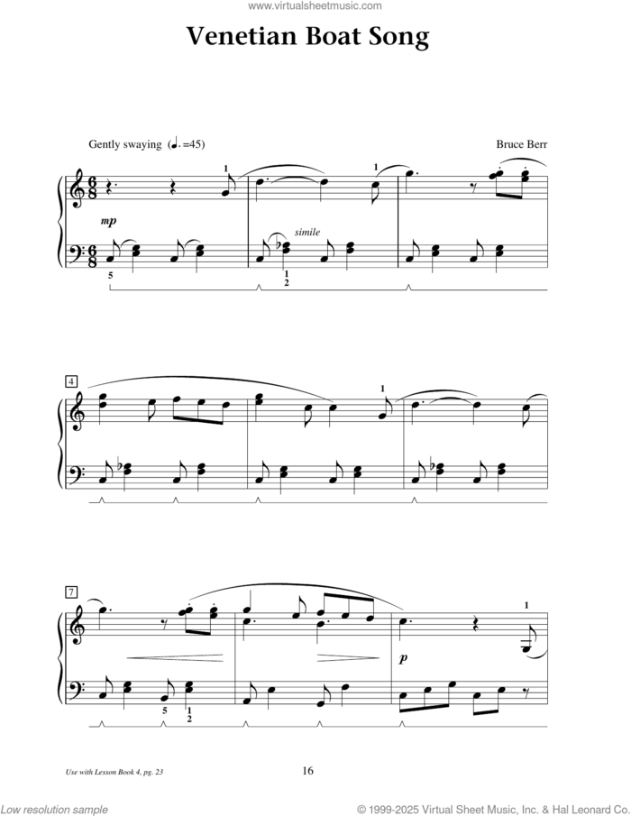 Venetian Boat Song sheet music for piano solo (elementary) by Bruce Berr, beginner piano (elementary)