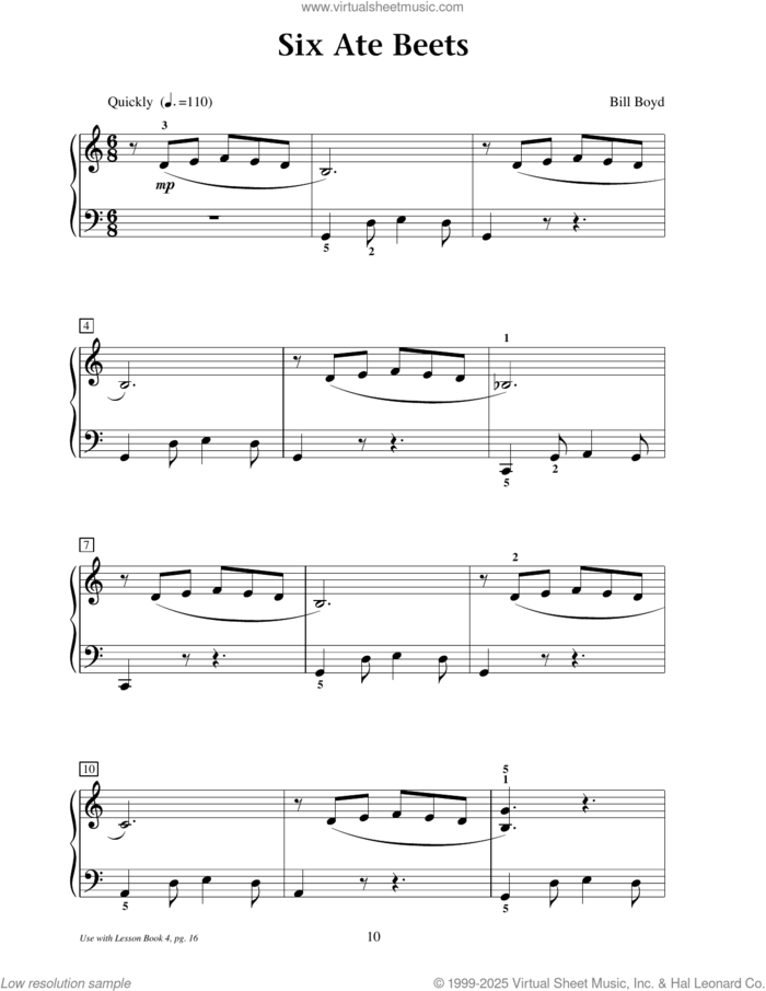 Six Ate Beets sheet music for piano solo (elementary) by Bill Boyd, beginner piano (elementary)