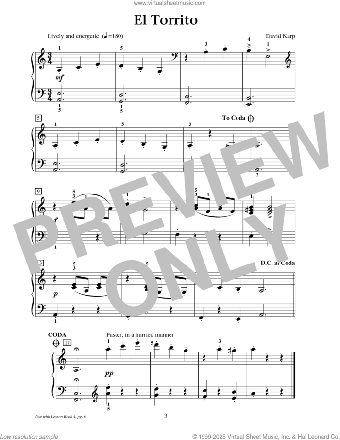 El Torrito sheet music for piano solo (elementary) by David Karp, beginner piano (elementary)