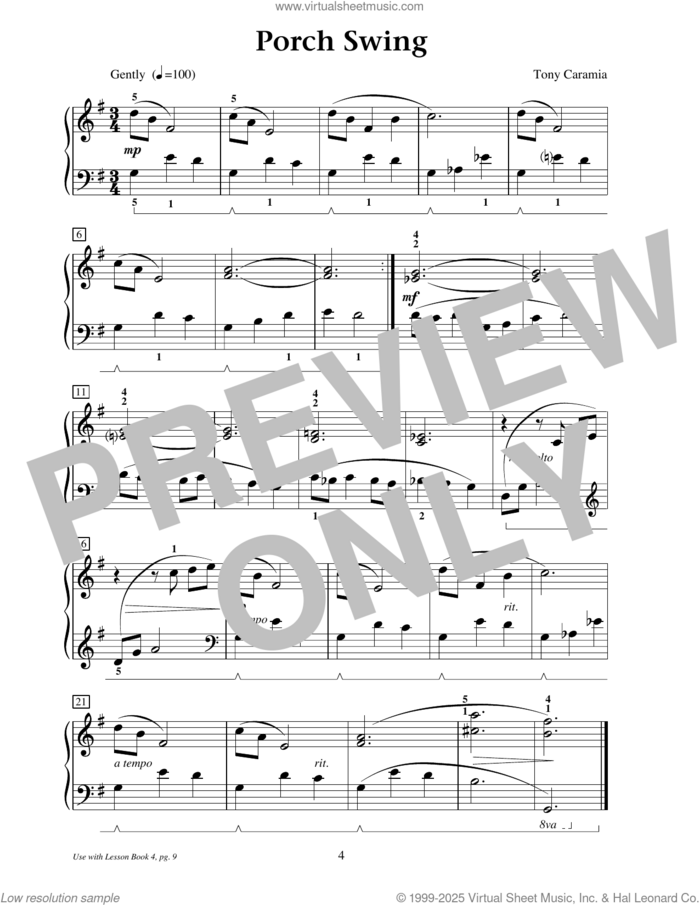 Porch Swing sheet music for piano solo (elementary) by Tony Caramia, beginner piano (elementary)