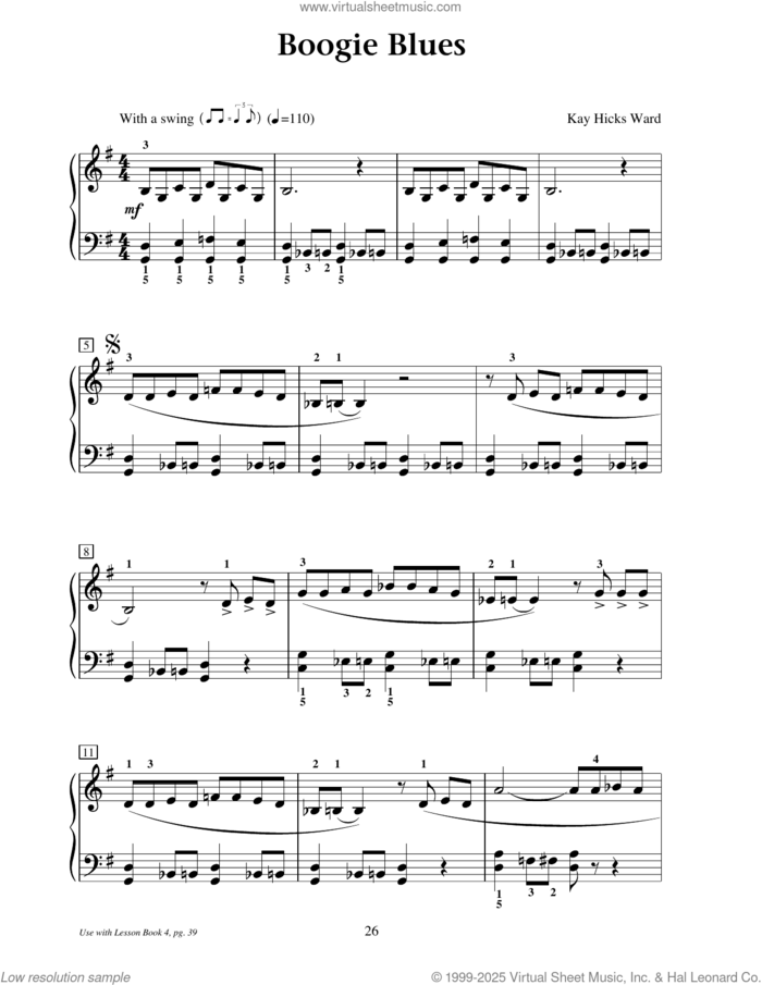 Boogie Blues sheet music for piano solo (elementary) by Kay Hicks Ward, beginner piano (elementary)
