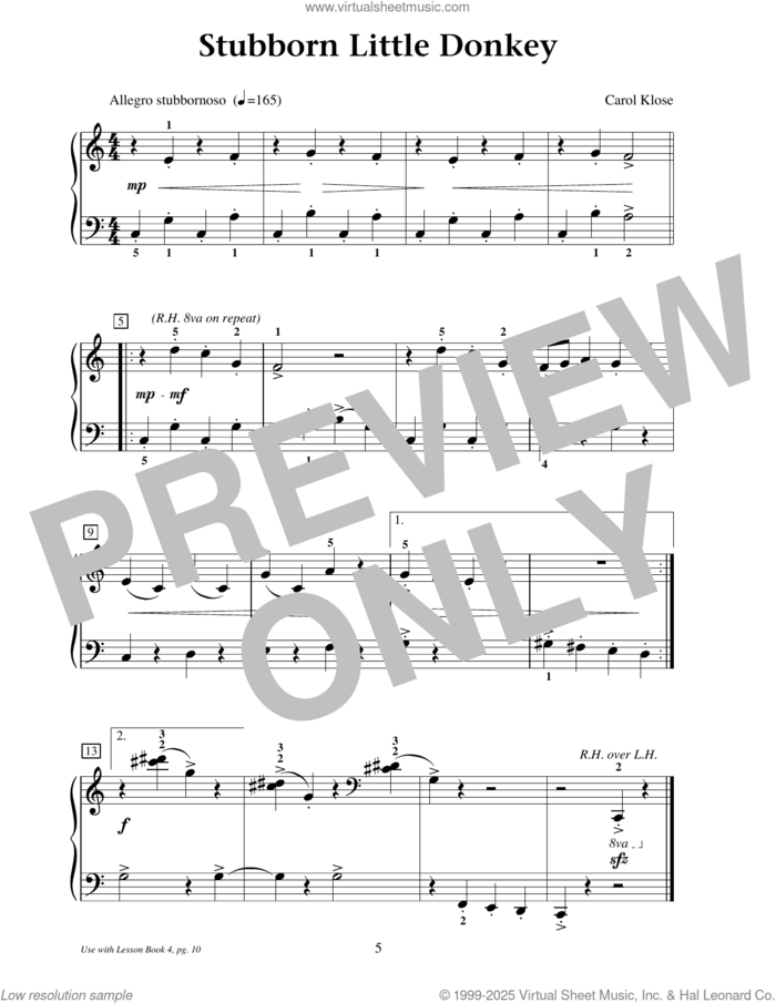 Stubborn Little Donkey sheet music for piano solo (elementary) by Carol Klose, beginner piano (elementary)