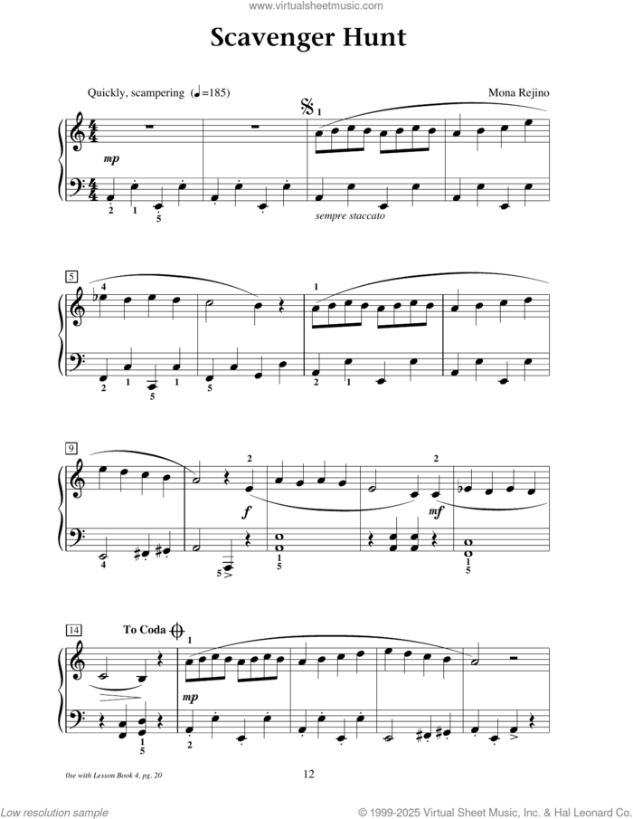Scavenger Hunt sheet music for piano solo (elementary) by Mona Rejino, beginner piano (elementary)