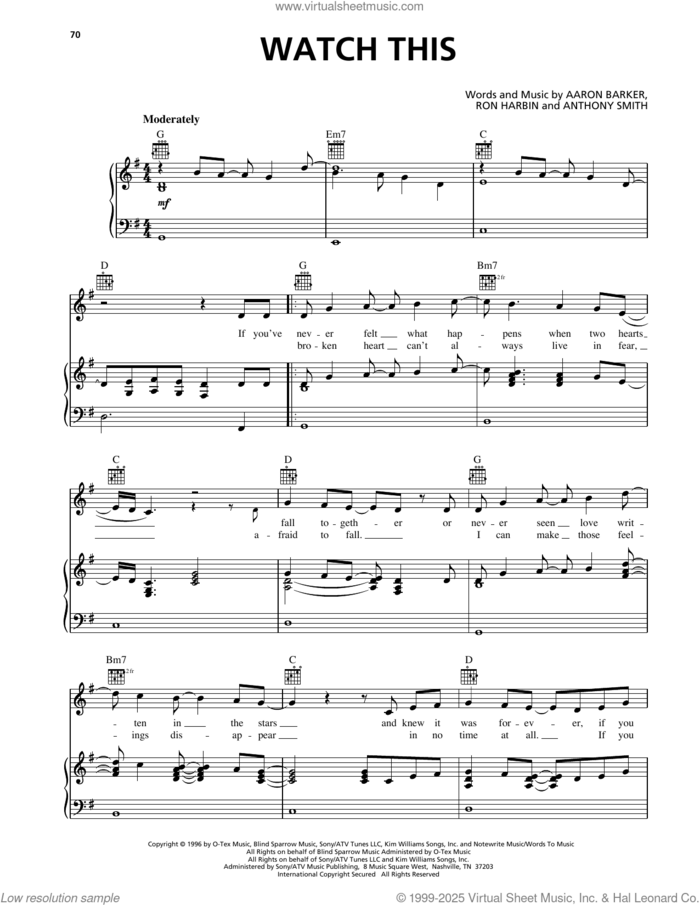 Watch This sheet music for voice, piano or guitar by Clay Walker, Aaron Barker, Anthony Smith and Ron Harbin, intermediate skill level