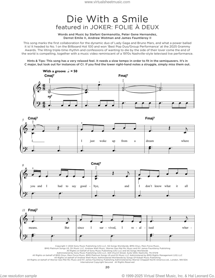 Die With A Smile sheet music for piano solo by Bruno Mars And Lady Gaga, Andrew Wotman (Andrew Watt), Dernst Emile II, James Fauntleroy, Lady Gaga and Peter Gene Hernandez, beginner skill level