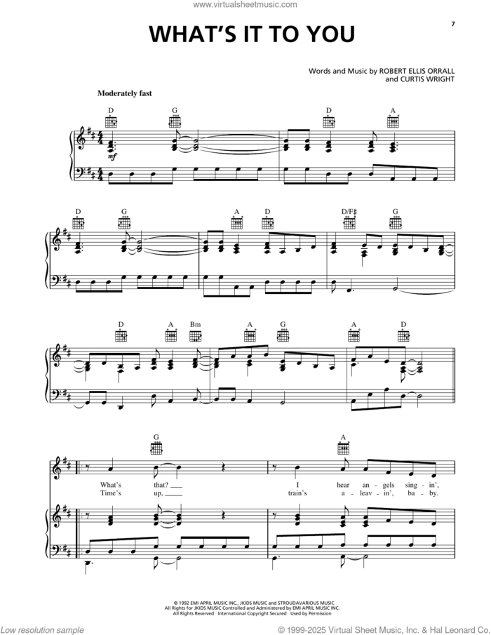 What's It To You sheet music for voice, piano or guitar by Clay Walker, Curtis Wright and Robert Ellis Orrall, intermediate skill level