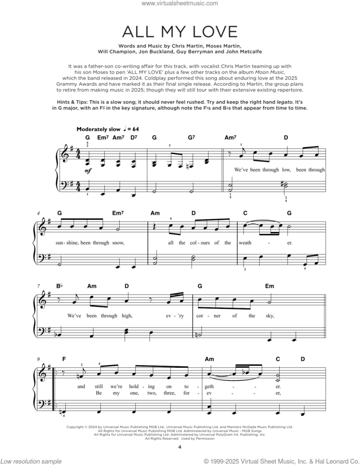 All My Love, (beginner) sheet music for piano solo by Coldplay, Chris Martin, Guy Berryman, John Metcalfe, Jon Buckland, Moses Martin and Will Champion, beginner skill level