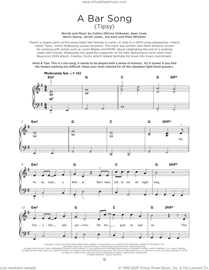 A Bar Song (Tipsy), (beginner) sheet music for piano solo by Shaboozey, Collins Obinna Chibueze, Jerrell Jones, Joe Anthony Kent, Mark Allen Williams, Nevin Sastry and Sean Cook, beginner skill level