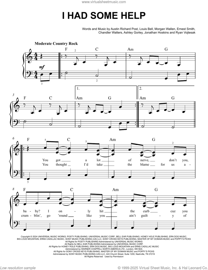 I Had Some Help (feat. Morgan Wallen), (easy) sheet music for piano solo by Post Malone, Ashley Glenn Gorley, Austin Richard Post, Chandler Walters, Ernest Smith, Jonathan Hoskins, Louis Bell, Morgan Wallen and Ryan Vojtesak, easy skill level