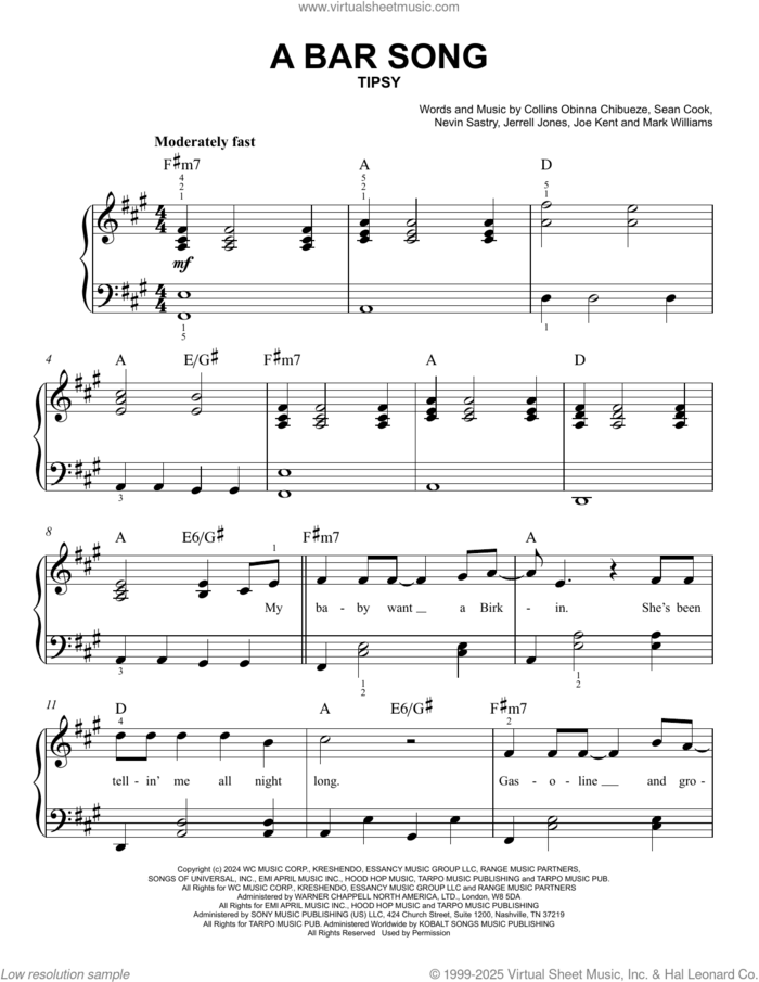 A Bar Song (Tipsy), (easy) sheet music for piano solo by Shaboozey, Collins Obinna Chibueze, Jerrell Jones, Joe Anthony Kent, Mark Allen Williams, Nevin Sastry and Sean Cook, easy skill level