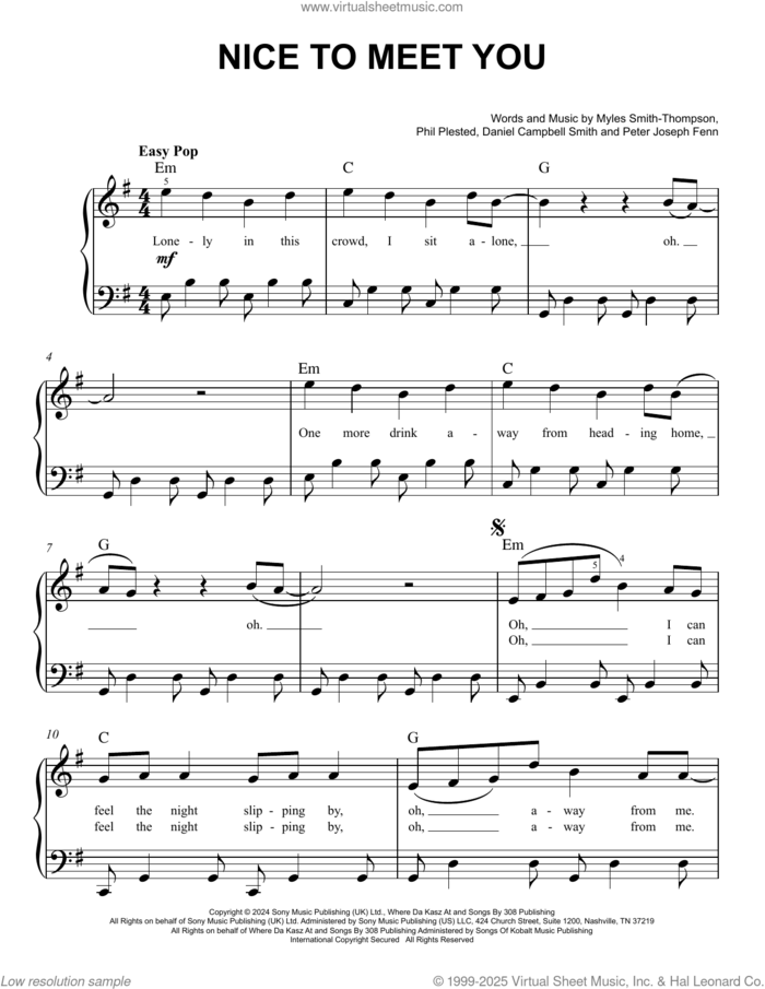 Nice To Meet You, (easy) sheet music for piano solo by Myles Smith, Dan Bastille, Myles Smith-Thompson, Peter Joseph Fenn and Phil Plested, easy skill level