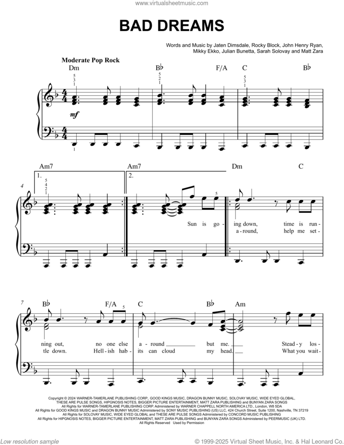 Bad Dreams sheet music for piano solo by Teddy Swims, Jaten Dimsdale (Teddy Swims), John Henry Ryan, Julian Bunetta, Matt Zara, Mikky Ekko, Rocky Block and Sarah Solovay, easy skill level