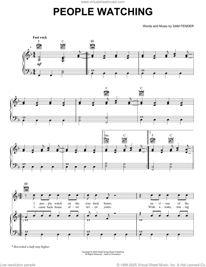 People Watching sheet music for voice, piano or guitar by Sam Fender, intermediate skill level