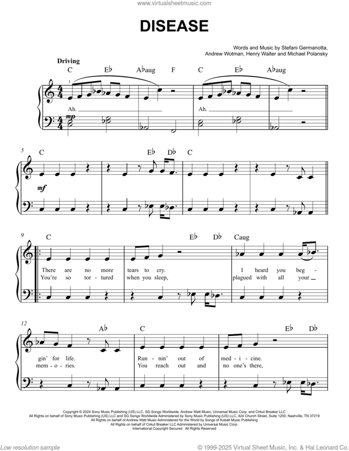 Disease, (easy) sheet music for piano solo by Lady Gaga, Andrew Wotman (Andrew Watt), Henry Walter and Michael Polansky, easy skill level