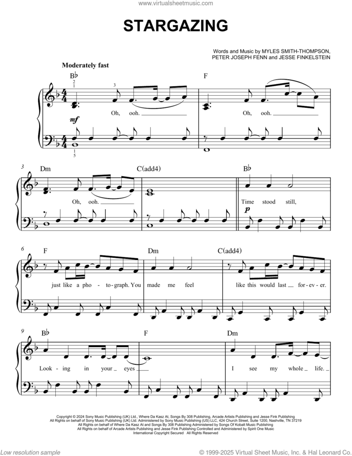 Stargazing, (easy) sheet music for piano solo by Myles Smith, Jesse Finkelstein, Myles Smith-Thompson and Peter Joseph Fenn, easy skill level