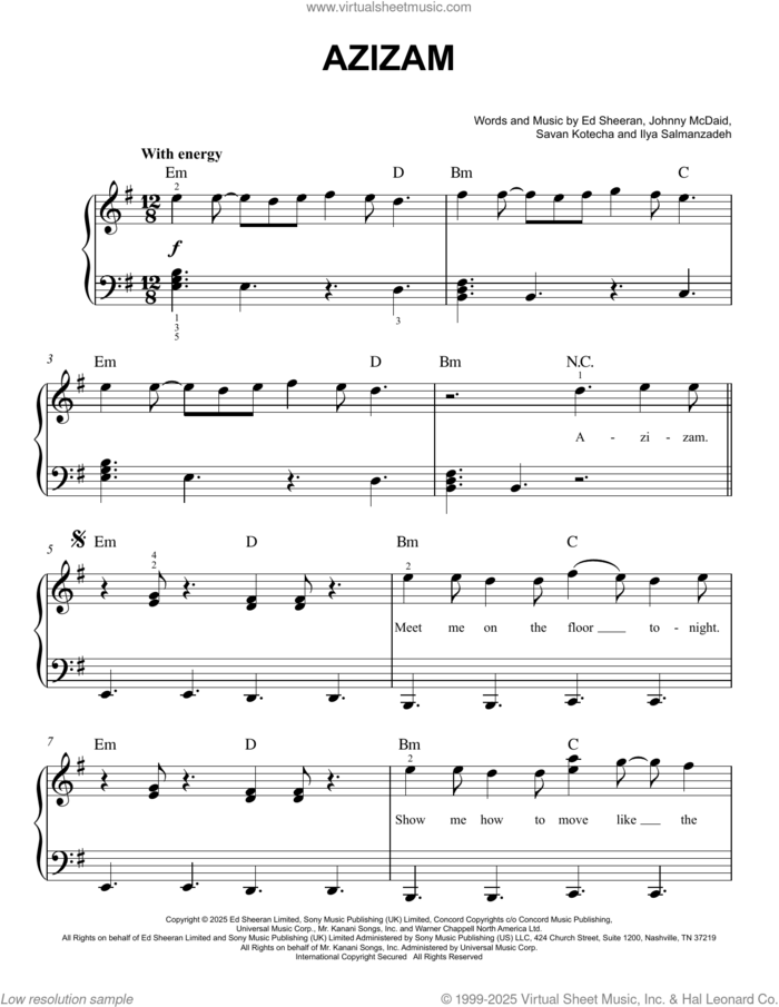 Azizam, (easy) sheet music for piano solo by Ed Sheeran, Ilya Salmanzadeh, Johnny McDaid and Savan Kotecha, easy skill level