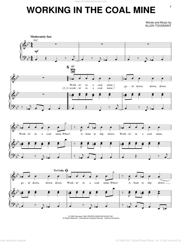 Working In The Coal Mine sheet music for voice, piano or guitar by Devo, Lee Dorsey and Allen Toussaint, intermediate skill level