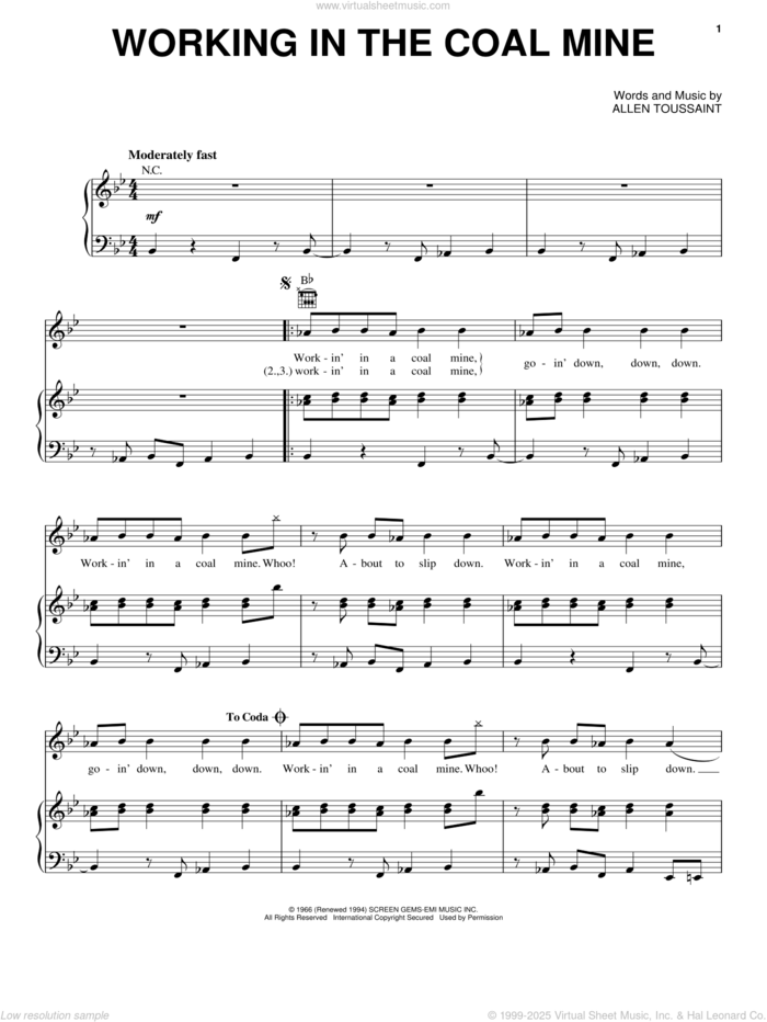 Working In The Coal Mine sheet music for voice, piano or guitar by Devo, Lee Dorsey and Allen Toussaint, intermediate skill level