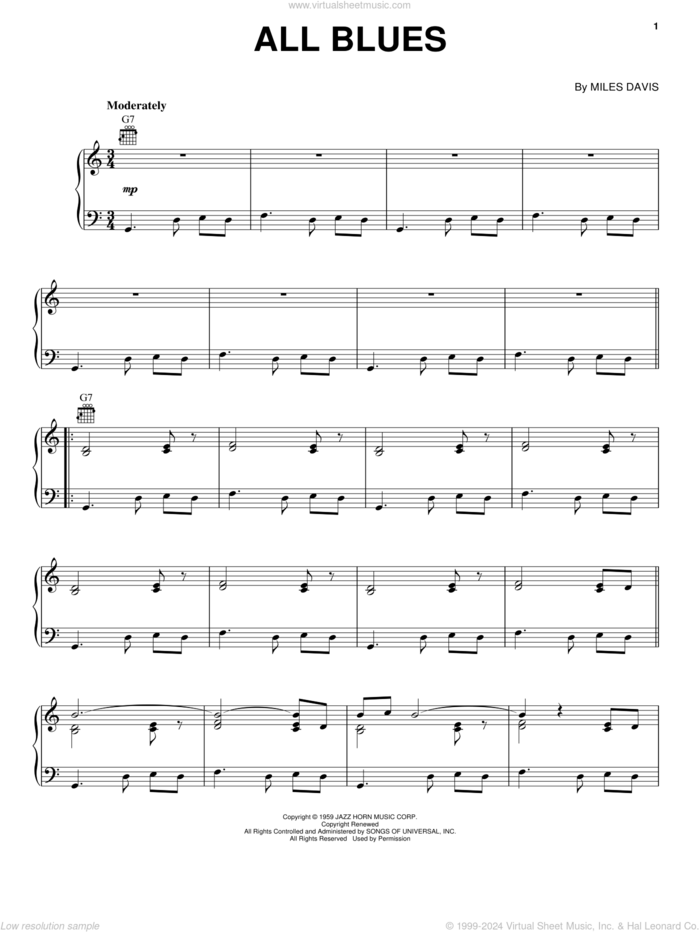 All Blues sheet music for piano solo by Miles Davis and John Coltrane, intermediate skill level