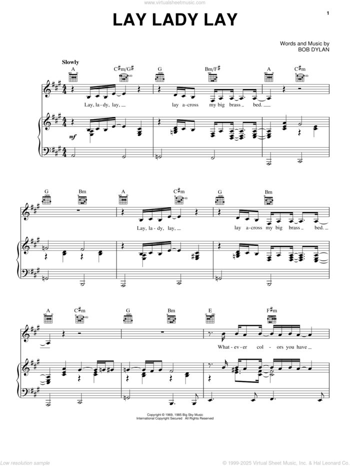 Lay Lady Lay sheet music for voice, piano or guitar by Bob Dylan, intermediate skill level