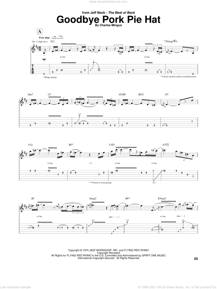 Goodbye Pork Pie Hat sheet music for guitar (tablature) by Jeff Beck and Charles Mingus, intermediate skill level